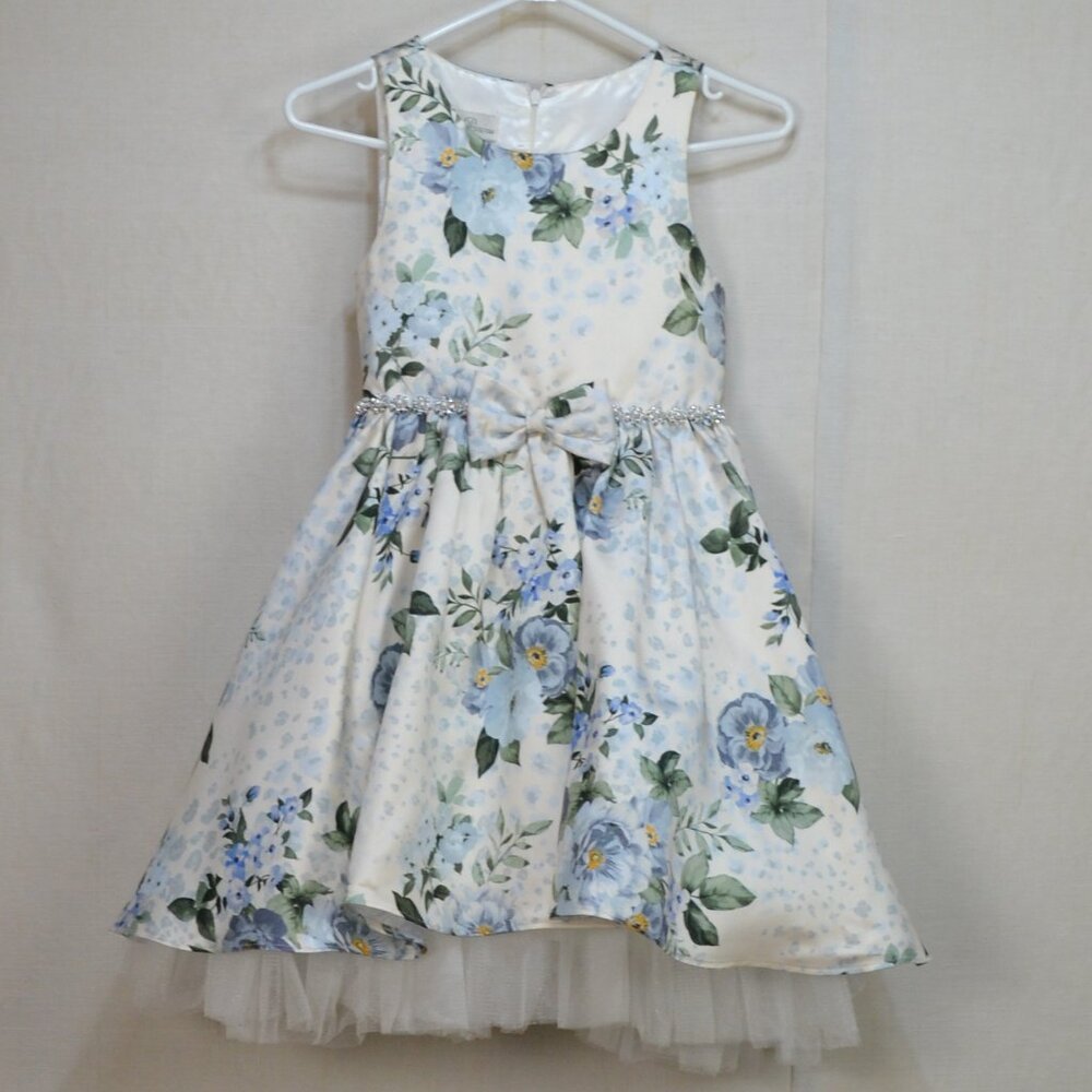 Floral Blue and White Kids Formal Dress